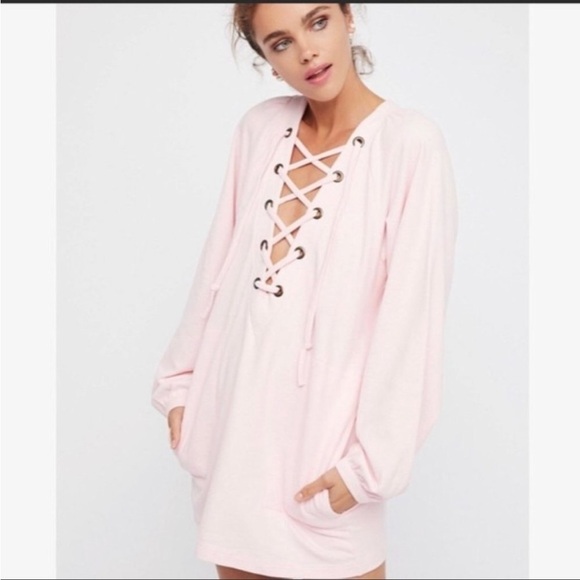 Free People Lace Up Wellington Soft Pink Y2K Sweatshirt Dress/Tunic XS - Picture 1 of 13